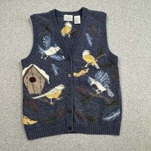 VTG Northern Treasures Sweater Vest Womens Large Wool Blend Bird Buttons Birds